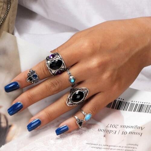 Classic Black Crystal Round Water Drop Geometrical Vintage Punk Antique Ring Set Lady Charm Costume Jewelry Accessories