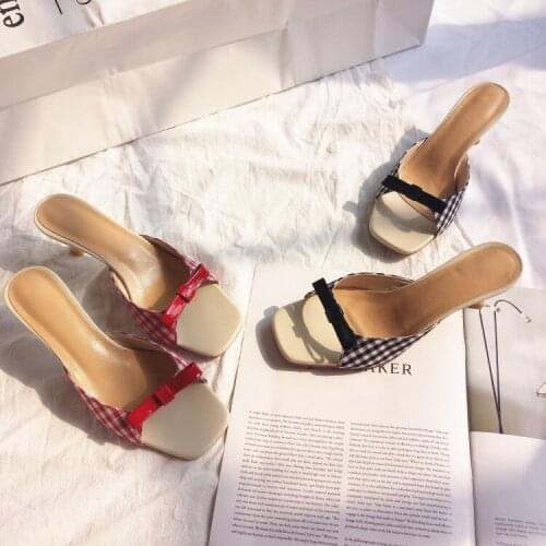 Kmeioo summer fashion shoes woman gingham slides thin heels women bow-tie kitten heels slip-on slippers