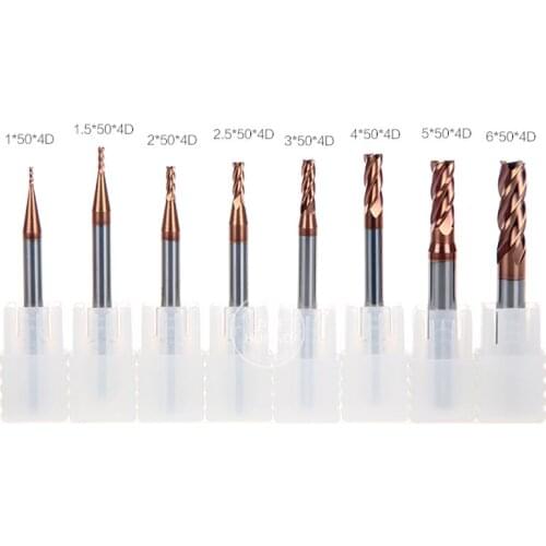 8PCS Tungsten Steel Coat Carbide Flat Base End Mill milling cutter 4 Flutes Cone Bits 1,1.5,2,2.5,3,4,5,6 MM HRC55 Solid Carbide
