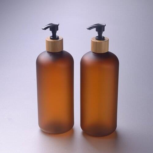 Cosmetic 250ml frosted amber/clear plastic shampoo bottle with bamboo lotion pump cap skin care cream/Shower Gel/Body lotion