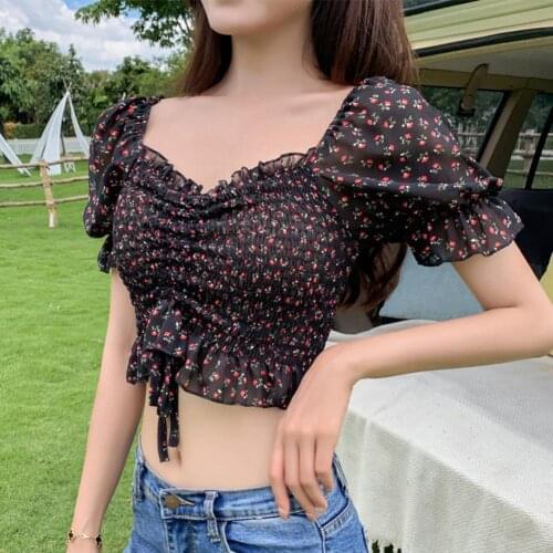Girl Summer Floral Print Ruffled Short Sleeve Drawstring Crop Top Blouse Shirt