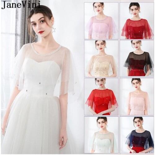 JaneVini Summer Sheer Tulle Beaded Wedding Cape Bride Navy Blue Burgundy Black Bolero Bruid Wedding Shrug Bridal Wraps Stoles