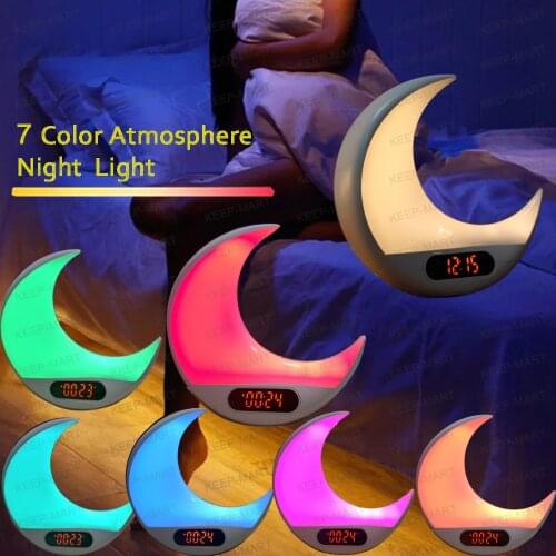 Moon Digital Alarm Clock Wake Up Light LED Lamp Electronic Desk Clock Simulating Sunrise/Sunset Colorful Light with FM Radio