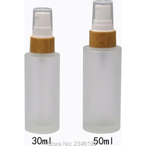 30ML50ML 10pcs/lot Matte Glass Lotion Pump Bottle n Bamboo Cap,Empty Frosted Spray Bottle,Superior Cosmetic Refillable Container