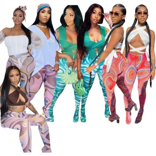 Fashionable Streetwear Women Sexy Print Skinny Pants High Elastic Gauze Tight Pantyhose Bodycon Straight Long Pants 2021 Summer