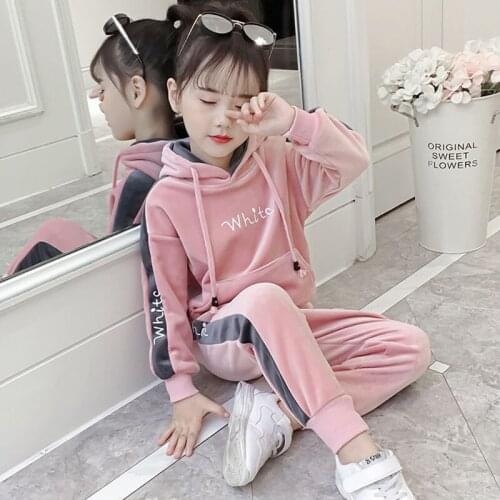 Girls Fashion Pleuche Clothing Set Spring Fall New Childrens Gold Velvet Hoodies + Pants Twinset Kids Casual Sweater Suit B173