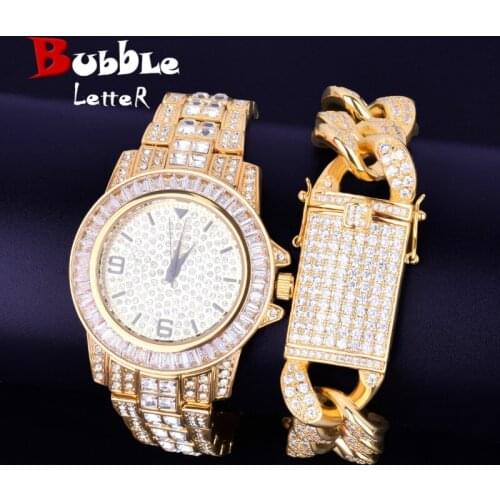 Mens Watch Bracelet Set 40mm Dial Military Quartz Clock Luxury Baguett Rhinestone wrist watches With 8inch Cuban Bracelet