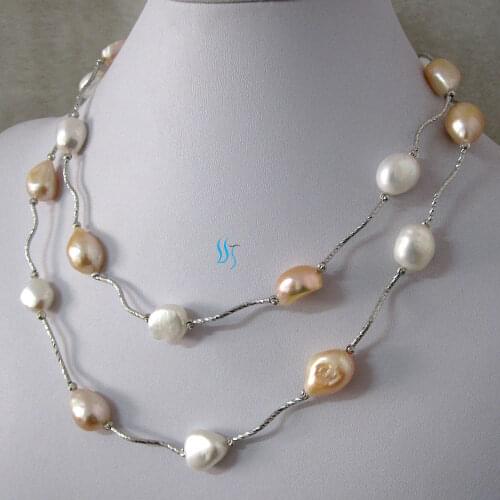 Natural 36" 11-13mm White Peach Pink Baroque AA Freshwater Pearl Necklace Tube