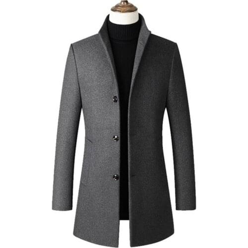New mens jacket business casual solid color wool jacket stand collar windbreaker slim jacket mens coat