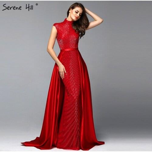 Serene Hill Latest Design Red High Neck Evening Dress 2020 Dubai Sleeveless Beading Luxury Formal Party Gown CLA60866