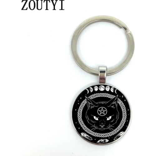 New / hot sale, charm Wicca black cat pattern, mens and womens key chain quality car pendant, convex glass key ring