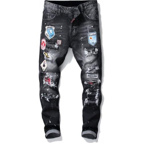 New Men Elastic Embroidery Paint Straight Jeans Patchwork Holes Pencil Pants K3