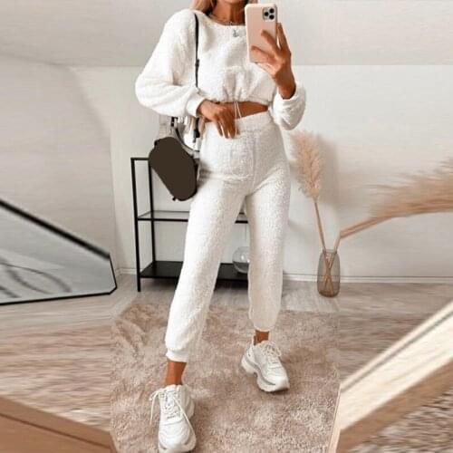 Fluffy Warm Crop Tops Solid Womens Pants Suit Long Sleeve Drawstring Pullover Ladies High Waist Trousers Set 2021 Autumn Casual