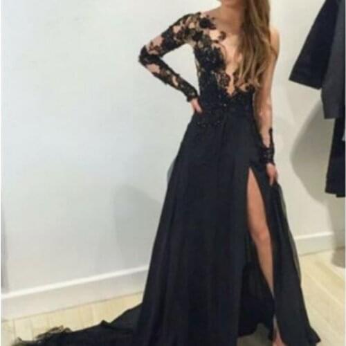 Sexy Black Long Sleeves Formal A-Line Evening Dress Side Split Prom Party Gowns Train Length Custom Made Elegant Prom Dresses