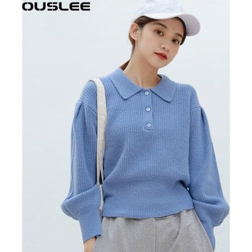 OUSLEE Casual POLO Collar Wool Sweater Women Spring Fashion Button Thick Knitted Sweaters Female Chic Puff Sleeves Pullover Tops