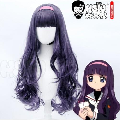 「HSIU Brand」anime cardcaptor sakura cosplay Tomoyo Daidouji wig Black purple Long curly hair synthetic wig+ Free brand wig cap