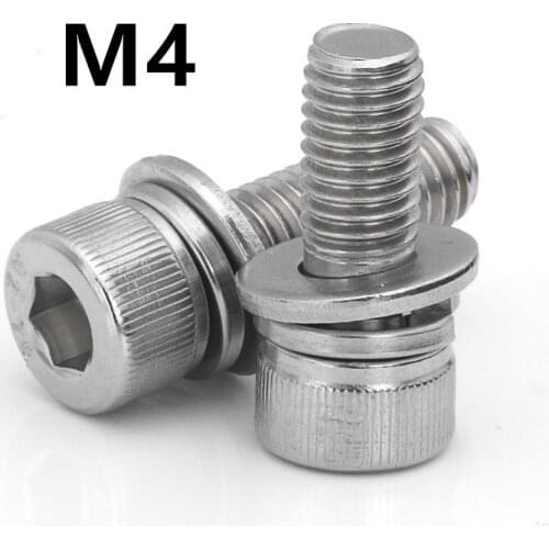 100pcs/lot M4x6/8/10/12/14/16mm Stainless steel hex socket cap screw bolt with washer three combination sems screws