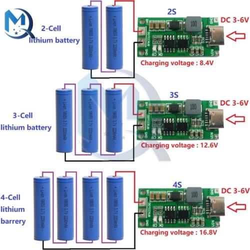 7.4V 11.1V 14.8V 18650 Lithium Battery Multi-Cell 2S 3S 4S Type-C To 8.4V 12.6V 16.8V Step-Up Boost LiPo Polymer Li-Ion Charger