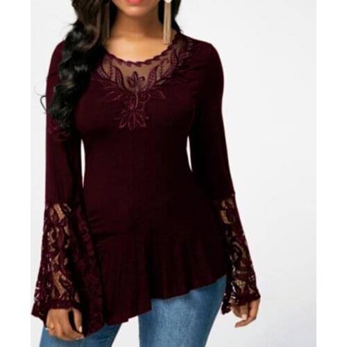2021 Women Hot T-shirt Top Casual Autumn O Neck Long Sleeve Plus Size Lace Stitching Irregular Hem T-shirt Fashion Flared Sleeve