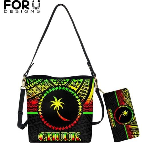 FORUDESIGNS Hot Sale Women Reggae Bag Micronesian Chuuk Tribal Design Ladies Vintage Bucket Bags And Purse 2Set Totes Bolsa
