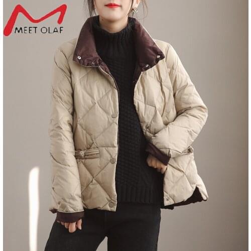 Autumn winter vintage feminine coat casual loose white duck down jacket stand-up collar button down parkas female puffer jacket