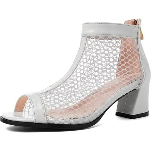 ZJVI Ankle Boots 2021 Women Patent PU Mesh Black Womens 5cm square Heels Peep Toe Shoes Ladies Sandals Summer Girls Boot White