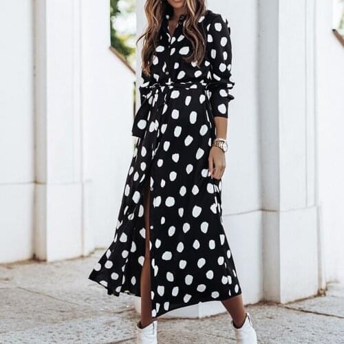 Shirt Dresses Women Long Sleeve Long Dresses Autumn Turn-down Collar Party Dresses Elegant Dot Print Maxi Dress Vestido Casual