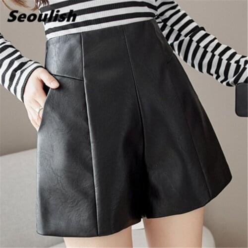 Seoulish 2021 New Autumn Winter Black Faux PU Leather Womens Shorts High Waist Wide Leg Pants Elegant FemaleTrousers Pockets
