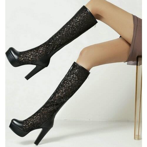 Plus Size 34-43 Summer Women Knee High Boots Platform Square High Heel Women Summer Boots Zipper Dress Womens Shoes 2021 New