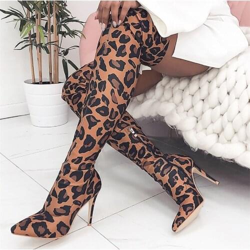Coturno Feminino Fashion Over The Knee Woman Boots Leopard Print Pointed Toe Shoes High Heels Hot Sale Winter Dress Zipper Boots