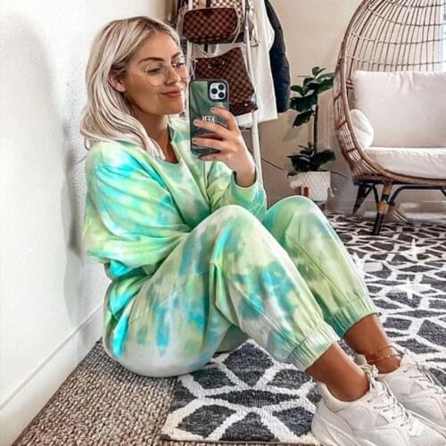 Women 2020 New Fashion Tracksuit Casual Tie Dye O-neck Long Sleeve Elastic Waist Pajamas Soft Loose Sleepwear Suit Female Autumn