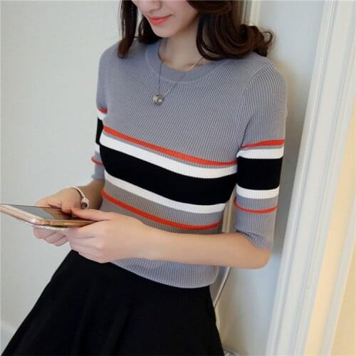 2017 New Fashion High Quality Brand Spring Summer Sweater Women thin short-sleeved O-neck Geometric Striped Knitted Sweaters