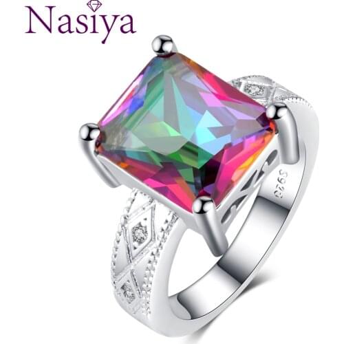 Finger Rings For Women Solid 925 Sterling Silver Ring With Rainbow Topaz Top Quality Gemstone Ring Party Wedding Gifts Size 6-10