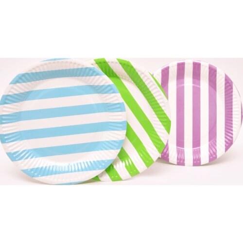 Horizontal Striped 18Cm Plates Cups Disposable Cutlery For Party Birthday Outdoor Dinner 10 Pcs