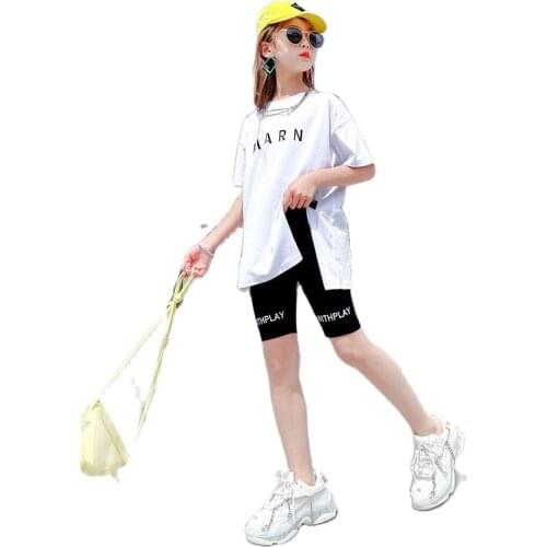 Summer Girls Casual Yoga Clothes Kids 2 Piece Suit 7 8 9 10 12 13 14 Year Kids Wear Loose Lengthened T-shirt Top + Tight Shorts