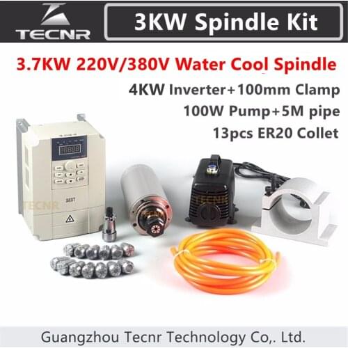 3.7KW Spindle Kit 3.7KW 220V 380V 100MM CNC Water Cooled Spindle Motor + VFD+100MM clamp+100W water pump/pipe+13pcs ER20 colllet