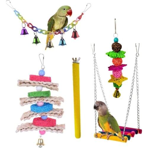 5PCS Parrot Toy Bite Resistant Bird Toy Bell Stand Hemp Rope Bite Toy Grinding Toy Pet Bird Swing Standing Funny Assorted