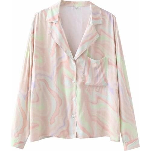 Merodi Women Fashion Tie-Dye Print Summer Loose Shirt Girls Casual Notched Collar Long Sleeve Blouse Female Single Breasted Tops