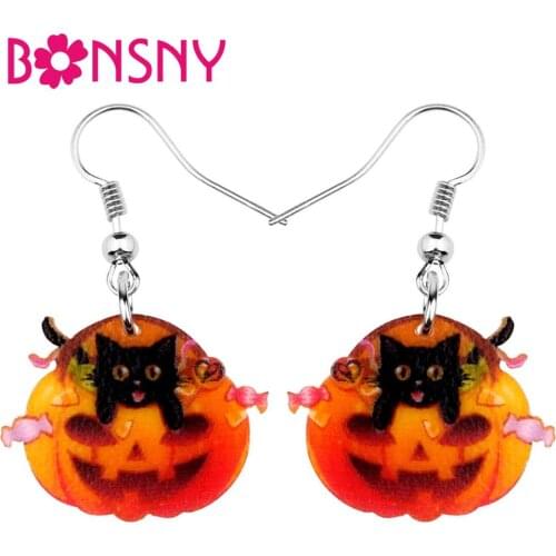 Bonsny Acrylic Halloween Black Cat Kitten Demon Pumpkin Earring Big Long Dangle Drop Festival Jewelry Teens Girls Women 2019 New