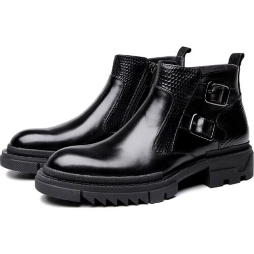 Winter Men High Top Thick Platform Ankle Boots Cowhide Genuine Leather Work Safety Shoes Buckle Fleece Lining Biker Riding Boot