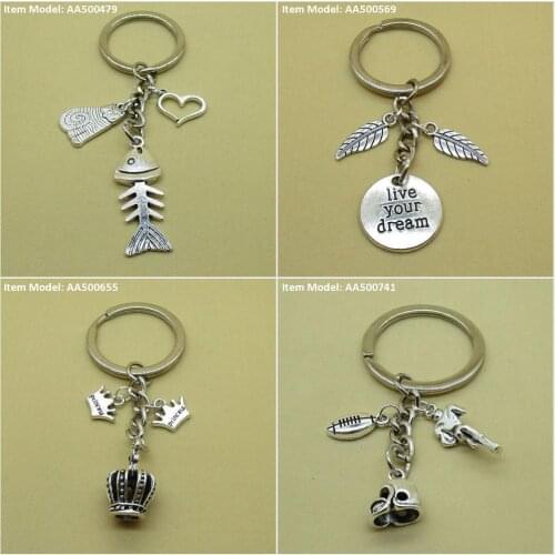 Keychain Keyring Fishbone Bone Fish Kitten Cat Heart Love Tag Sign Dream Your Live Leaves Leaf Stereo Crown Princess Helmet