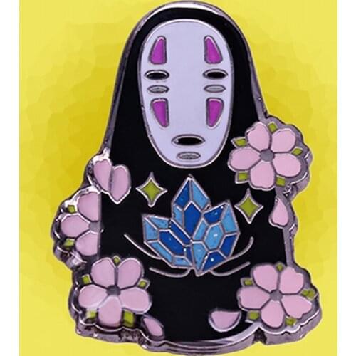 Cute No Face Faceless Kaonashi Sakura Flowers crystal Enamel Lapel Pin Miyazaki kawaii anime brooch