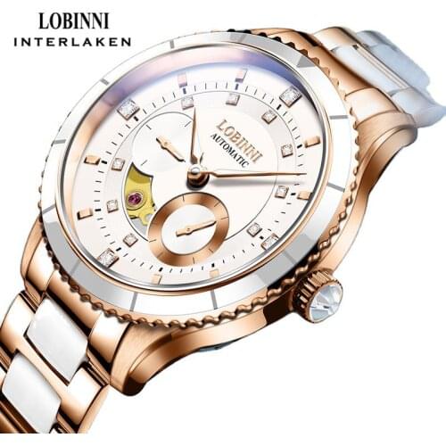 LOBINNI Simple Fashion Women Watch Waterproof Watch Ceramic Rose Gold Strap Automatic Mechanical Watch Luminous Hands Lady Clock
