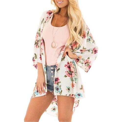 Women Floral Leopard Print Half Sleeve Shawl Chiffon Kimono Beach Cardigan Bikini Cover Up Wrap Beachwear Outdoor Anti-UV Coat