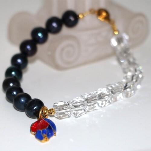 Two type 8-9mm black natural pearl 8mm crystal beads bracelet for women cloisonne weddings party gifts diy jewelry 7.5inch B2966