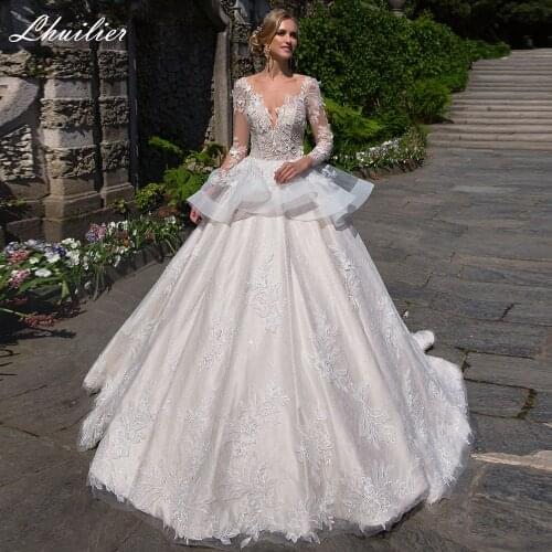 Lhuilier Elegant A Line Tiered Lace Wedding Dresses 2020 V-Neck Floor Length Ruffled Bridal Gowns with Long Sleeves