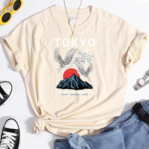 T Shirts Japanese Twin Cranes Sunset Over Mount Fuji Womens T-Shirt Fashion Punk Tshirt For Woman Harajuku Gothic Women Shirt