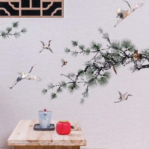 Chinese Style TTree Wall Stickers Pine White Crane Home Office Decor Teenager Vintage Wallstickers Living room bedroom 89*144cm
