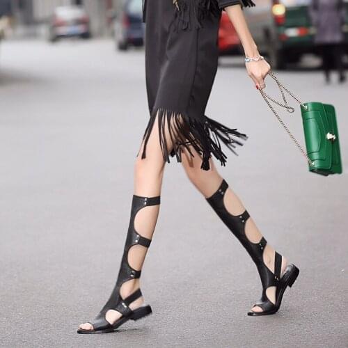 Classic design fashion gladiator summer sandals women knee high boots ladies sexy cut-outs black boots leather dress shoes woman