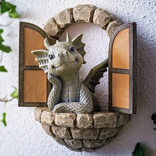 Lovely Courtyard Dragon Sculpture Resin Window Shape Statue Wall Art Home Outdoor Decoration MUMR999
